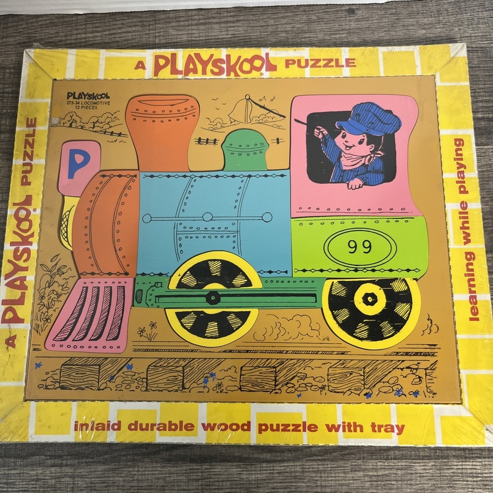 Vintage Playskool #275-34 Locomotive Wood Tray 12 Piece Board Puzzle Inlays New